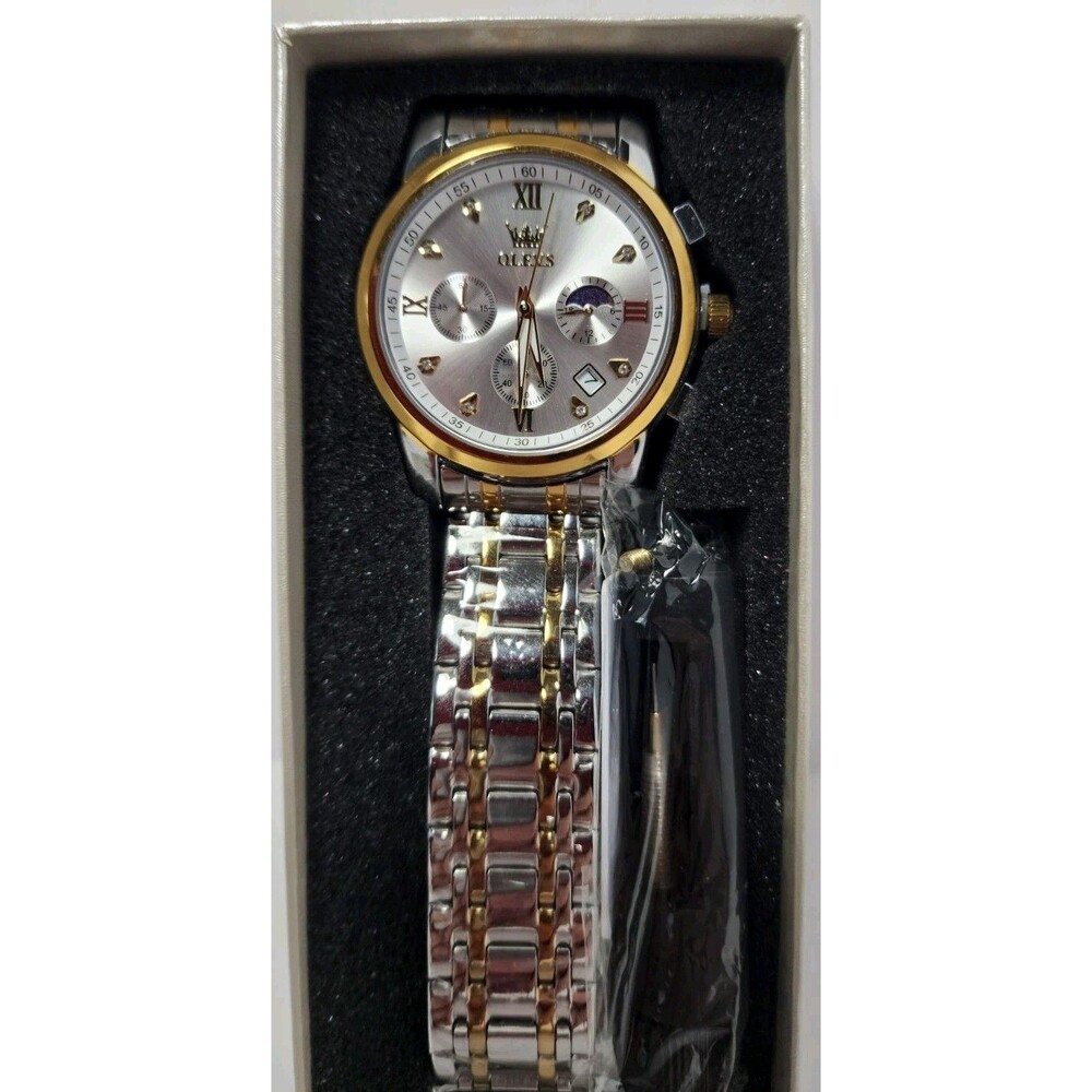 OLEVS 2858 Men's Two-Tone Silver Gold Quartz Dress Watch New - Picture 4 of 5
